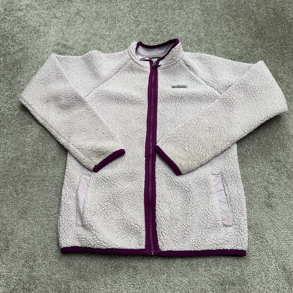 Columbia Shearling Sherpa Jacket Girls Kids XL Purple Full Zip Pockets Outdoor
